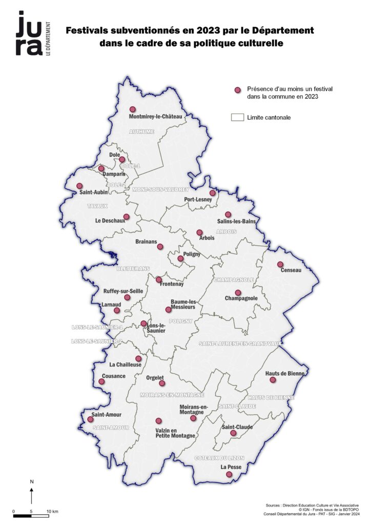 Carte des festivals jurassiens subventionnés par le département du jura